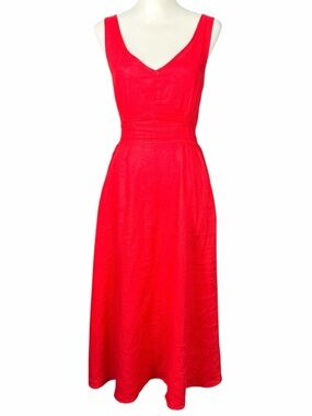 Joie Linen Dress Size 4 Red Midi Smocked Waist Pockets Preppy Summer Vacation